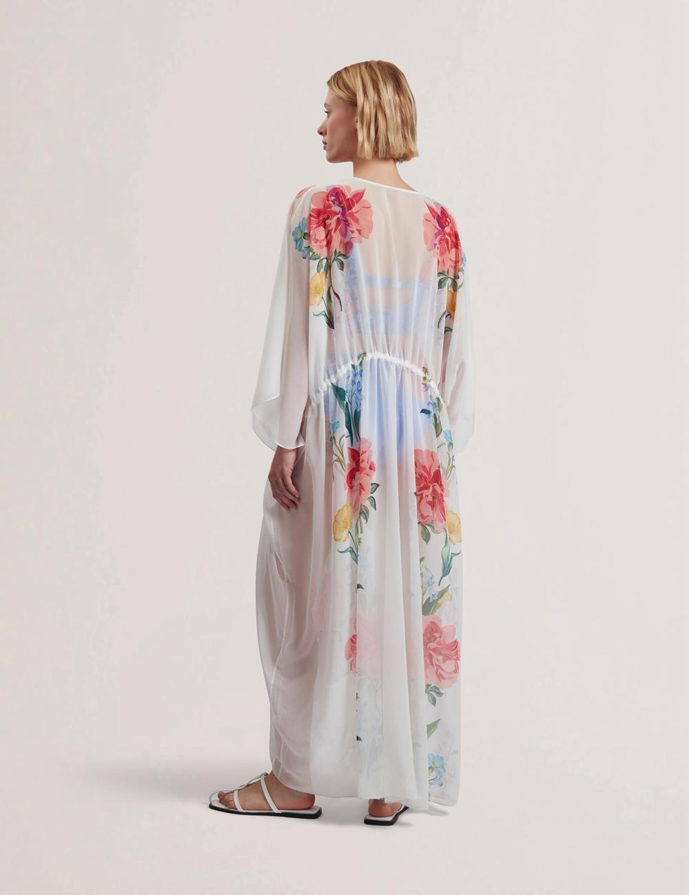 Women Ted Baker LUUSAA - Floral V-Neck Maxi Kaftan Beach Dress Cover Ups White | Egypt  FCTWK-0186