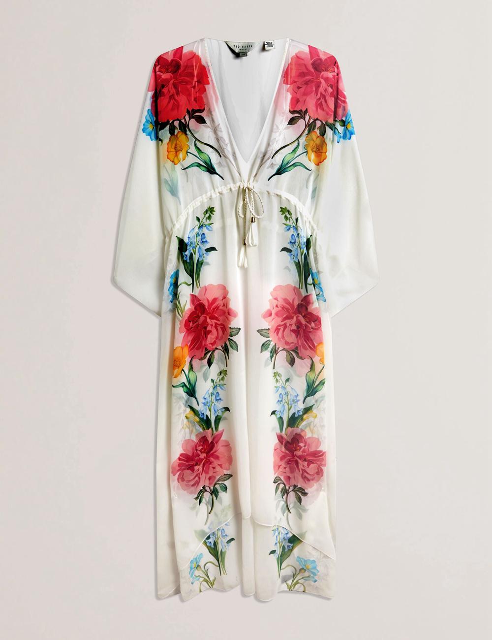 Women Ted Baker LUUSAA - Floral V-Neck Maxi Kaftan Beach Dress Cover Ups White | Egypt  FCTWK-0186