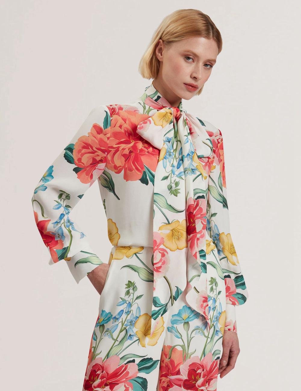 Women Ted Baker LUUSILE - Floral Print Neck Long Sleeve Blouses White | Egypt  NMVDK-0392