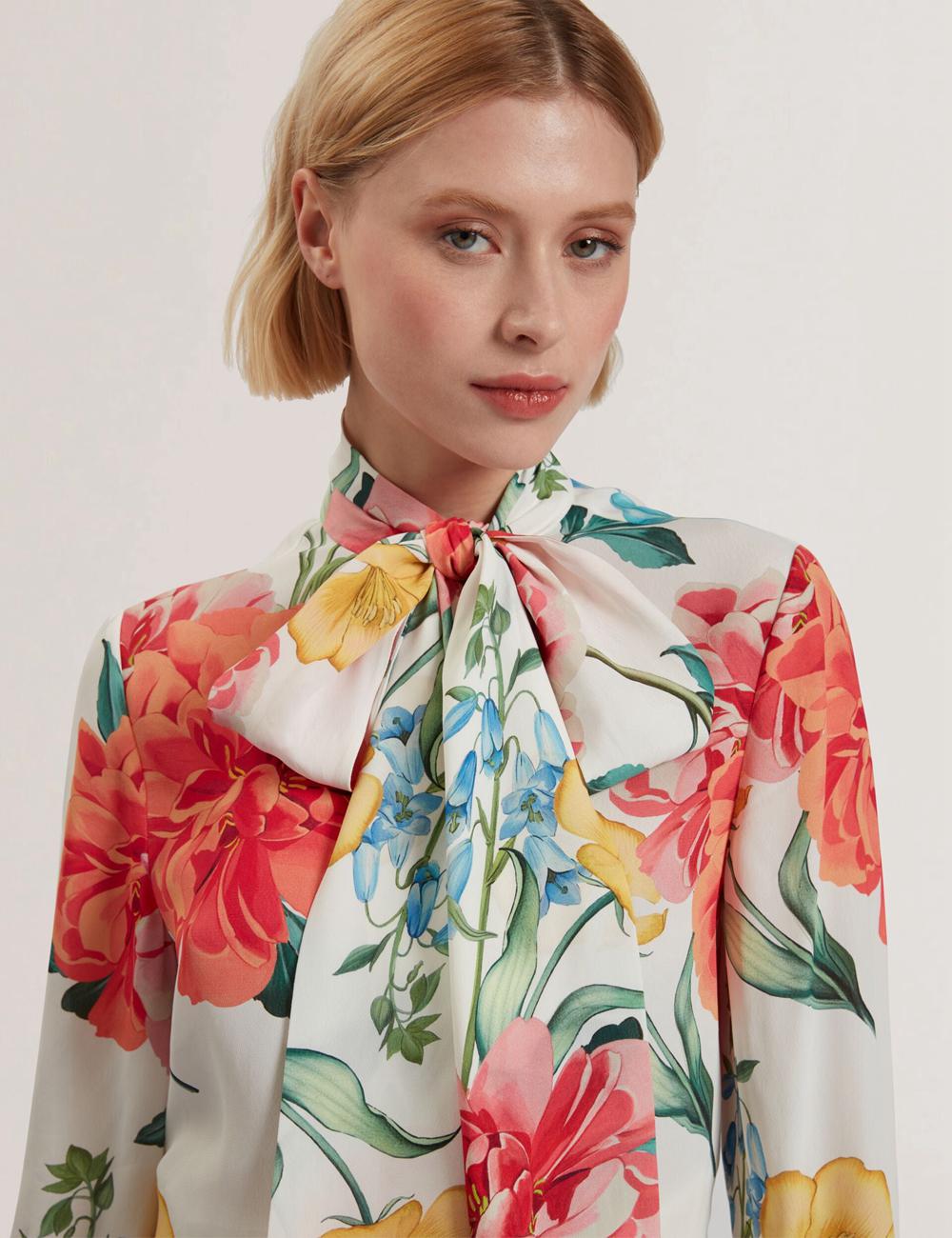 Women Ted Baker LUUSILE - Floral Print Neck Long Sleeve Blouses White | Egypt  NMVDK-0392