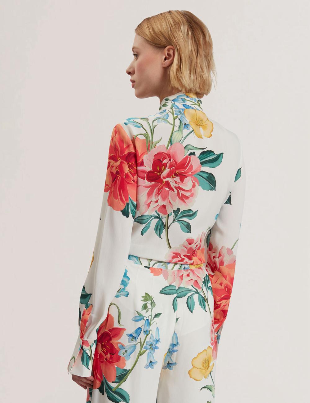 Women Ted Baker LUUSILE - Floral Print Neck Long Sleeve Blouses White | Egypt  NMVDK-0392