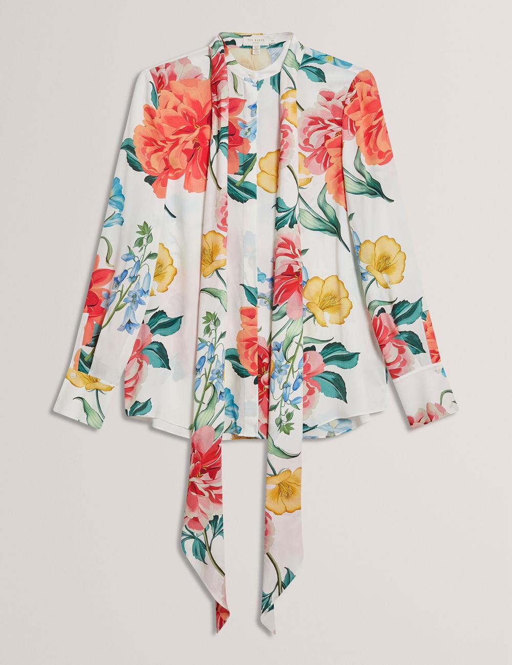 Women Ted Baker LUUSILE - Floral Print Neck Long Sleeve Blouses White | Egypt  NMVDK-0392