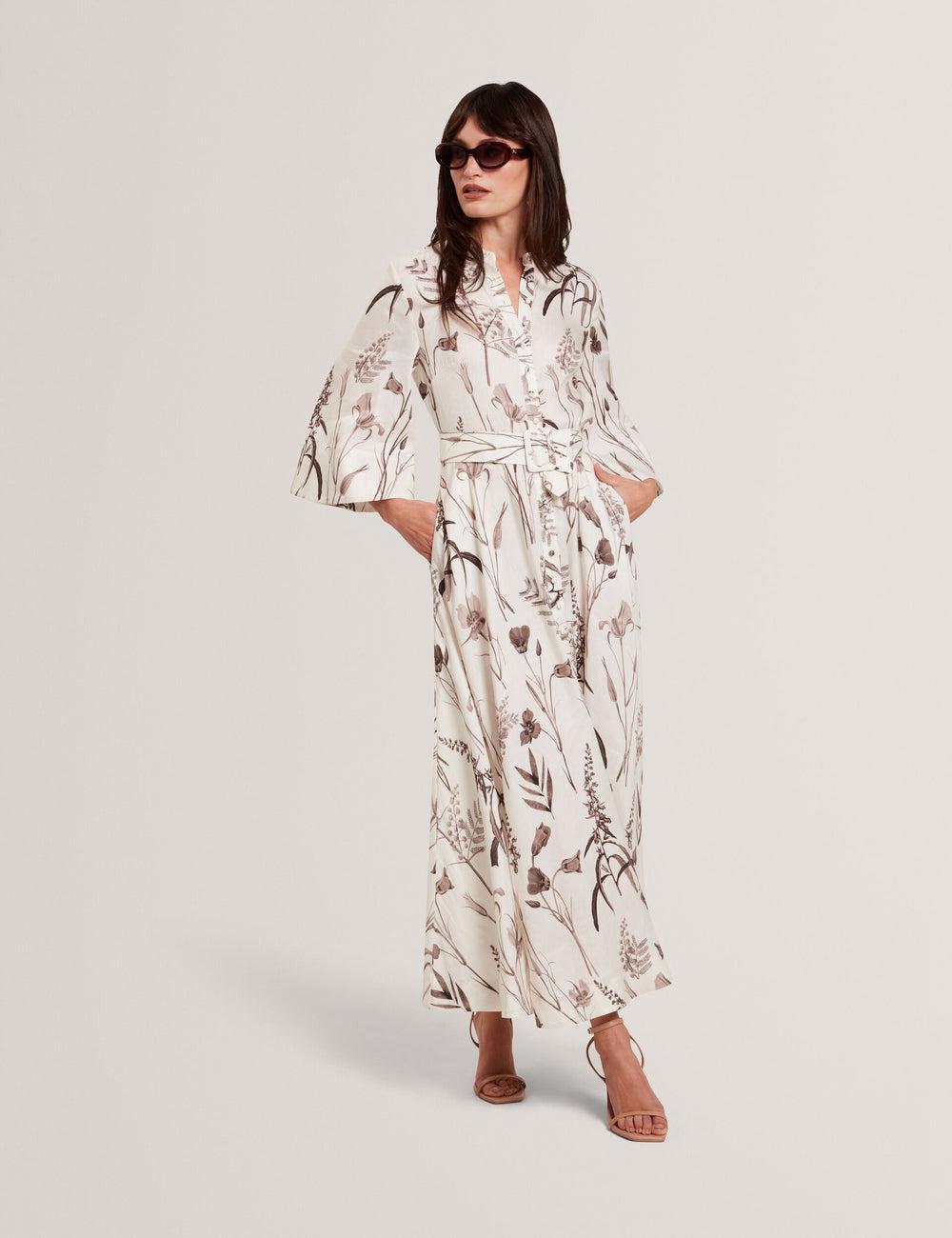 Women Ted Baker LUWISA - Floral Linen Silk Belted Midi Shirt Midi Dresses Ivory | Egypt  UVDZP-3695