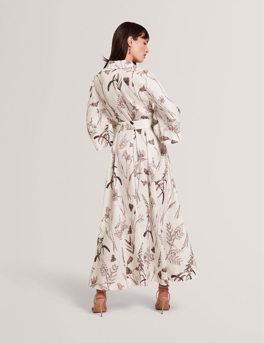 Women Ted Baker LUWISA - Floral Linen Silk Belted Midi Shirt Midi Dresses Ivory | Egypt  UVDZP-3695