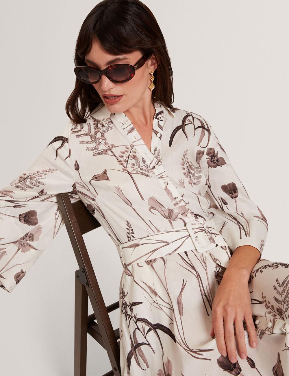 Women Ted Baker LUWISA - Floral Linen Silk Belted Midi Shirt Midi Dresses Ivory | Egypt  UVDZP-3695