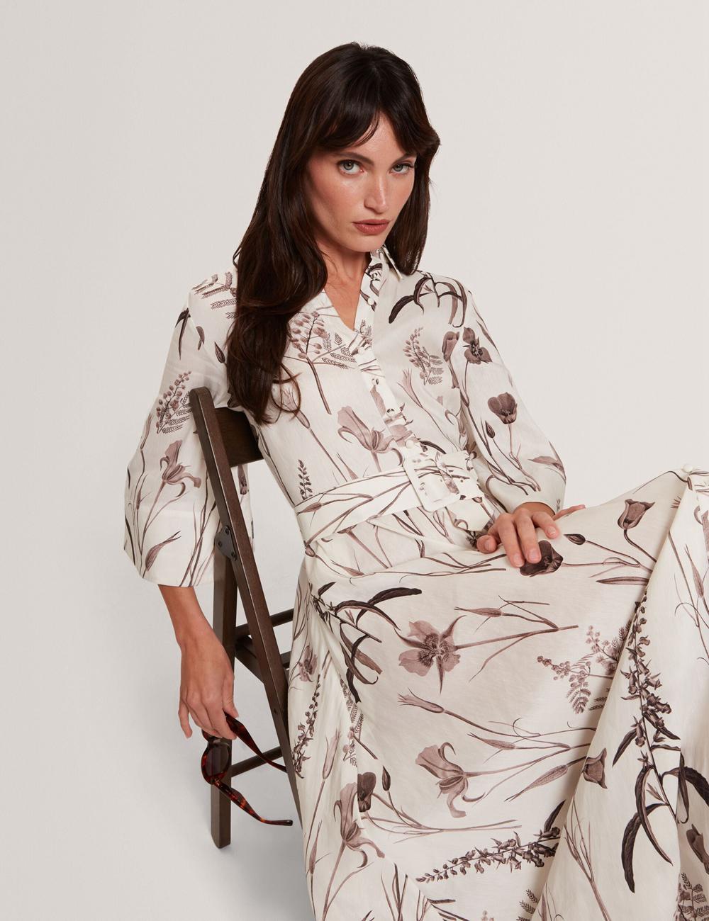 Women Ted Baker LUWISA - Floral Linen Silk Belted Midi Shirt Midi Dresses Ivory | Egypt  UVDZP-3695