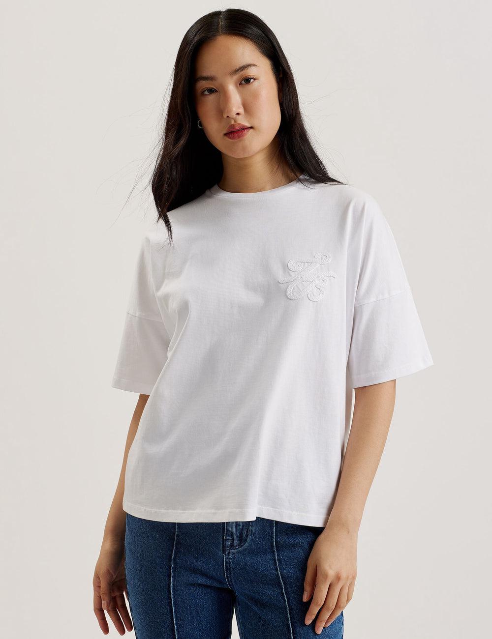 Women Ted Baker MALORRY - Embroidered Logo Boxy Cotton T-Shirts White | Egypt  LRFNM-7829