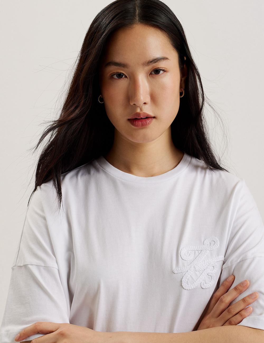 Women Ted Baker MALORRY - Embroidered Logo Boxy Cotton T-Shirts White | Egypt  LRFNM-7829