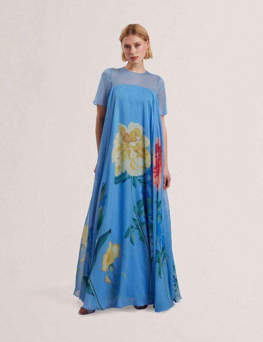 Women Ted Baker MALRIE - Sheer Neck Floral Trapeze Maxi Dresses Mid-Blue | Egypt  IJPOR-9310