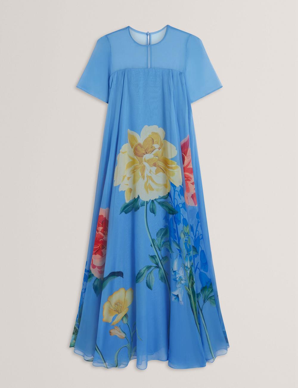 Women Ted Baker MALRIE - Sheer Neck Floral Trapeze Maxi Dresses Mid-Blue | Egypt  IJPOR-9310