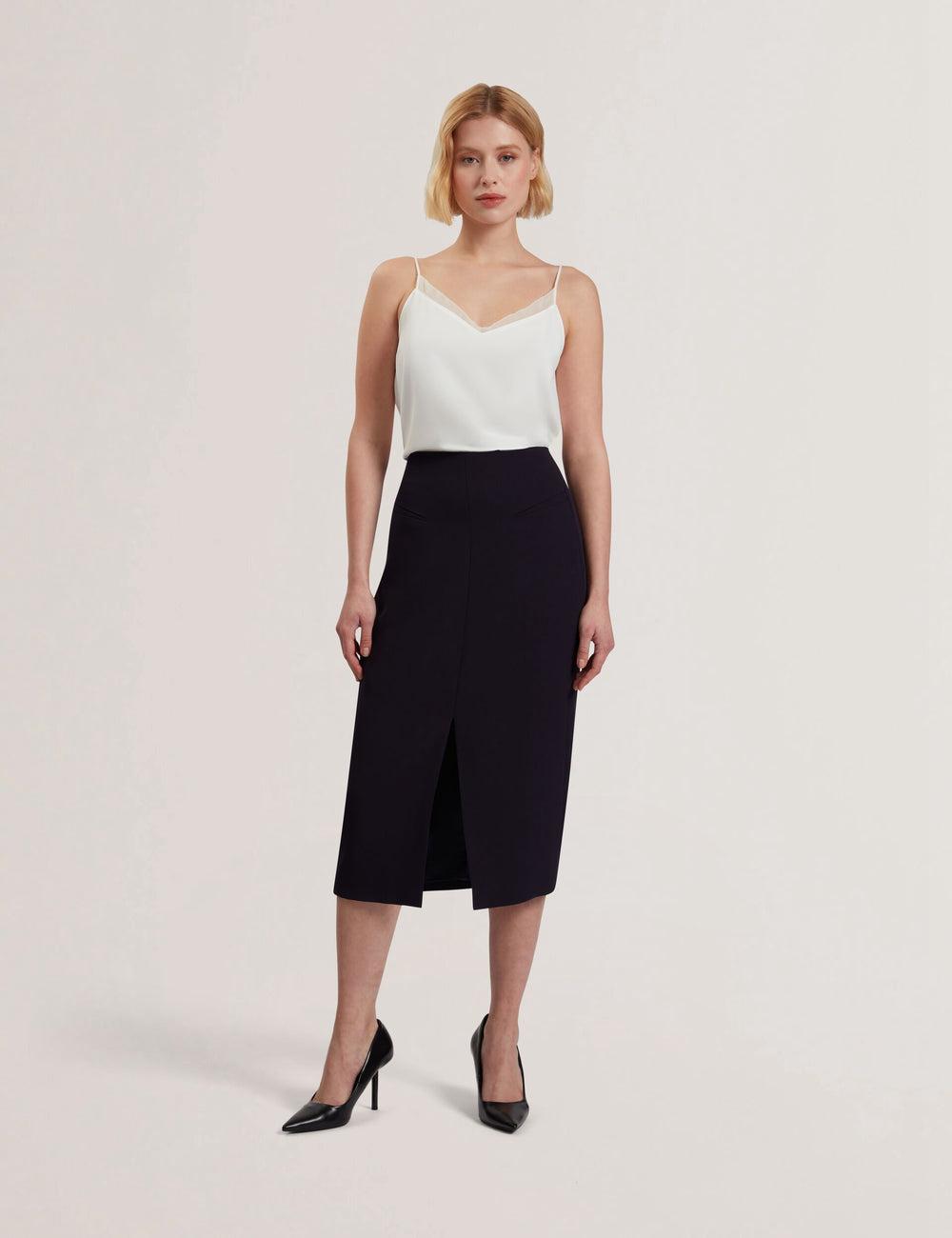 Women Ted Baker MANABSL - Tailored Midi Pencil Skirt With Front Split Midi Skirts Navy | Egypt  RMOIE-7094