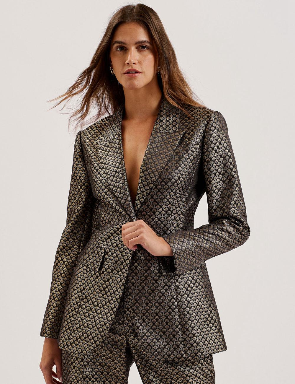 Women Ted Baker MANGU - Tailored Metallic Jacquard Fitted Blazers Black | Egypt  RUODX-1309