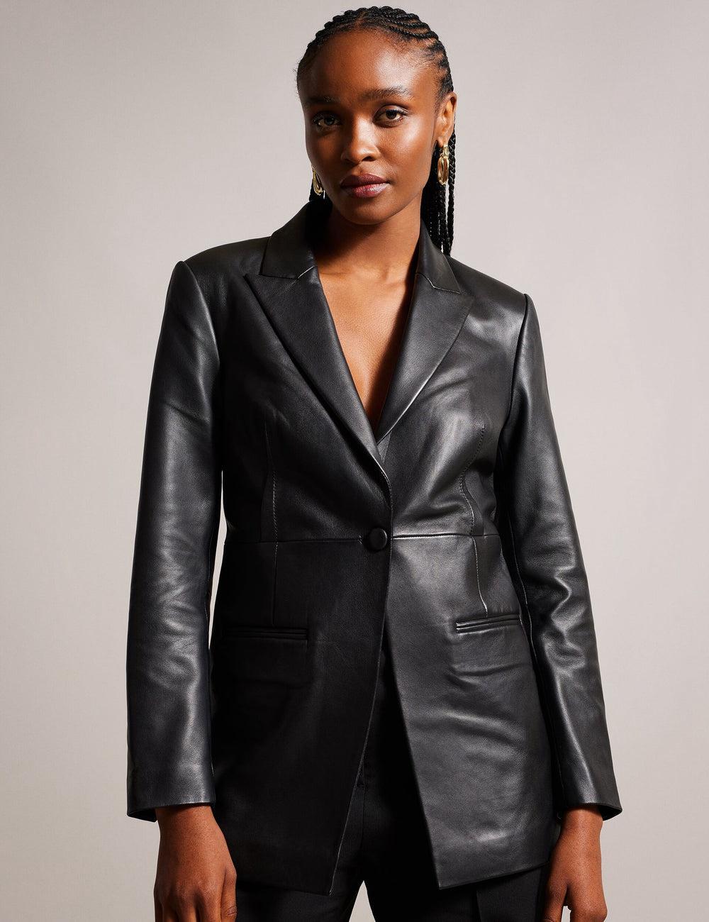 Women Ted Baker MELLIIE - Longline Single Breasted Leather Blazers Black | Egypt  HYOAC-9513