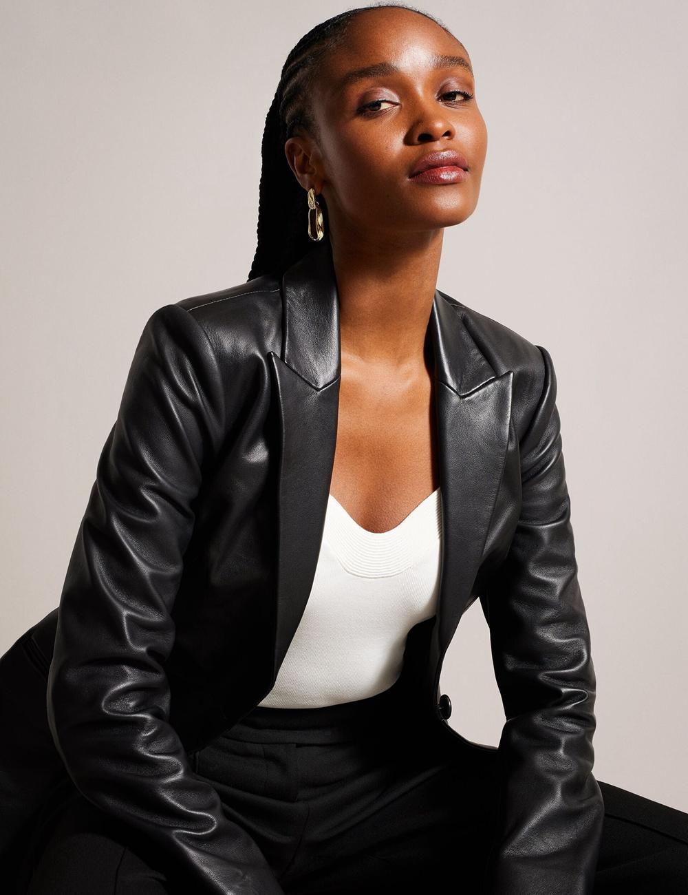 Women Ted Baker MELLIIE - Longline Single Breasted Leather Blazers Black | Egypt  HYOAC-9513