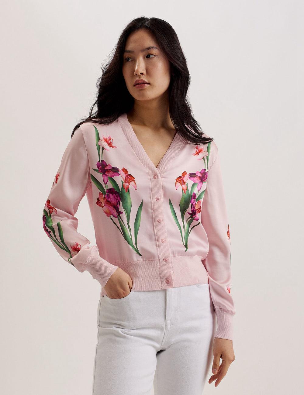 Women Ted Baker MERALLL - Floral Woven Front V-Neck Cardigans Pink | Egypt  XVKSN-3901