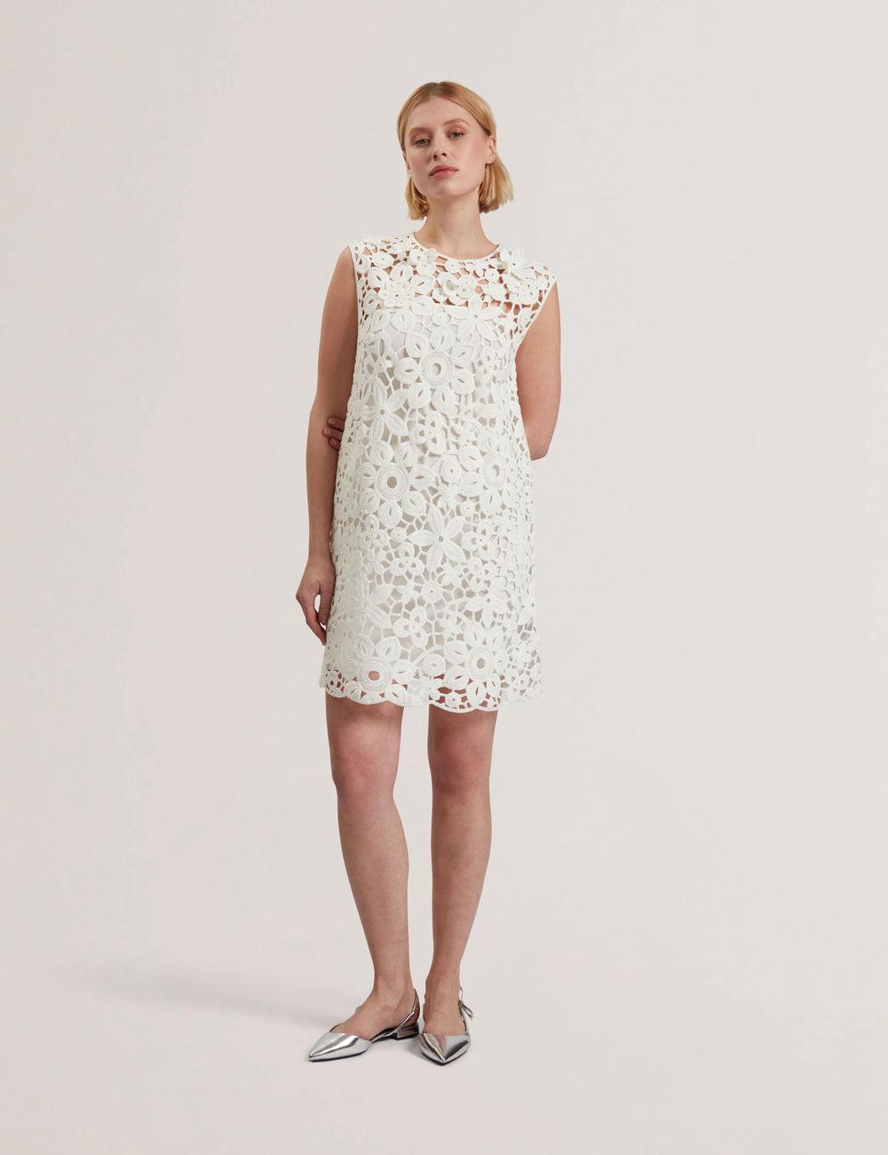 Women Ted Baker MIIKKA - Crochet Sleeveless Shift Mini Dresses White | Egypt  QORSE-7195