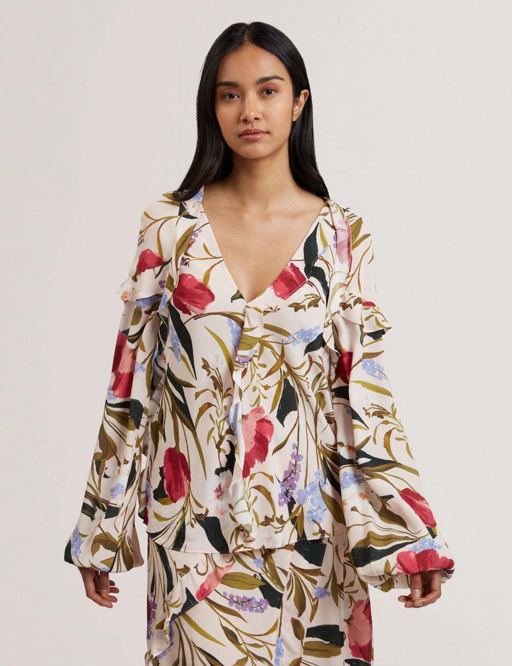 Women Ted Baker MINASA - Floral Print Frill Trim Long Sleeve Blouses Pink | Egypt  OZFYI-5230
