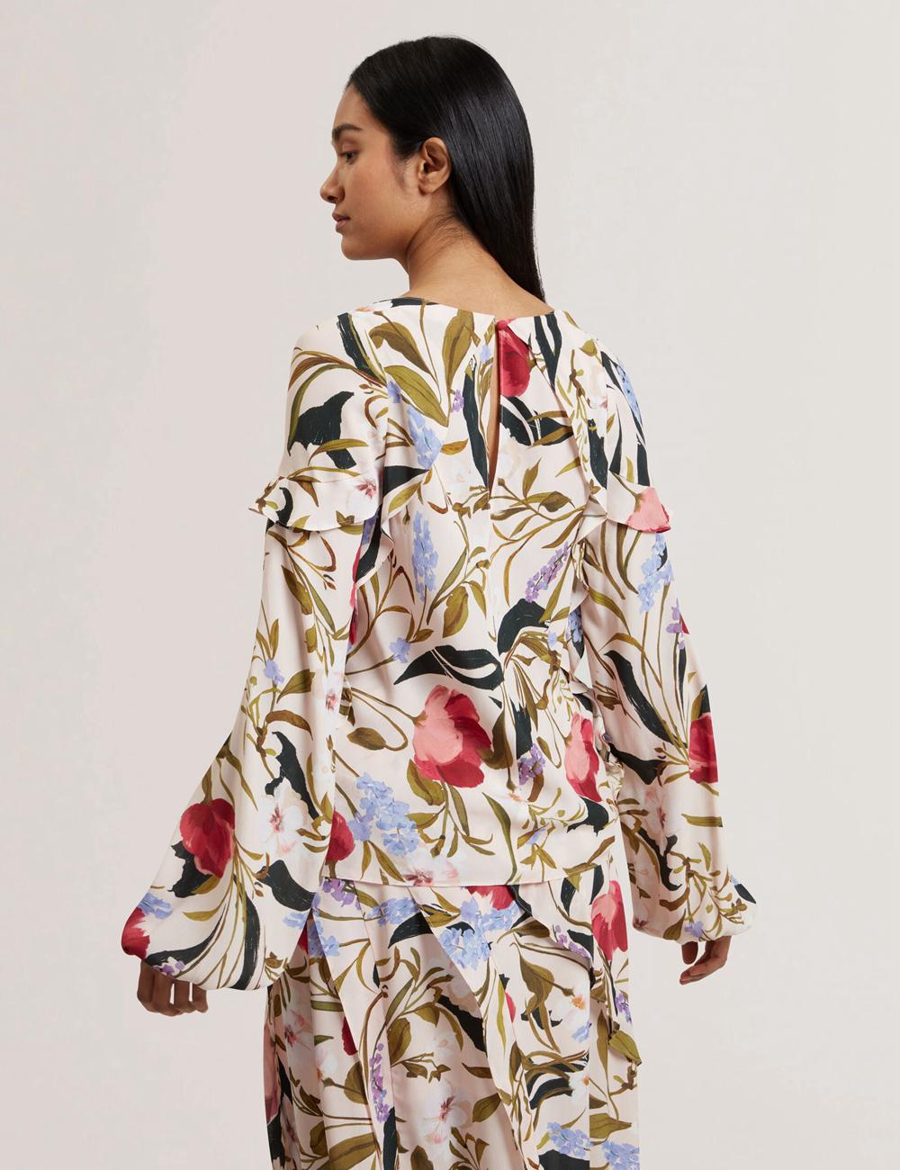 Women Ted Baker MINASA - Floral Print Frill Trim Long Sleeve Blouses Pink | Egypt  OZFYI-5230