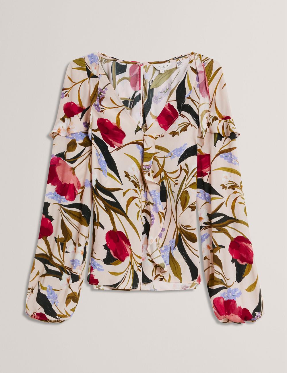 Women Ted Baker MINASA - Floral Print Frill Trim Long Sleeve Blouses Pink | Egypt  OZFYI-5230