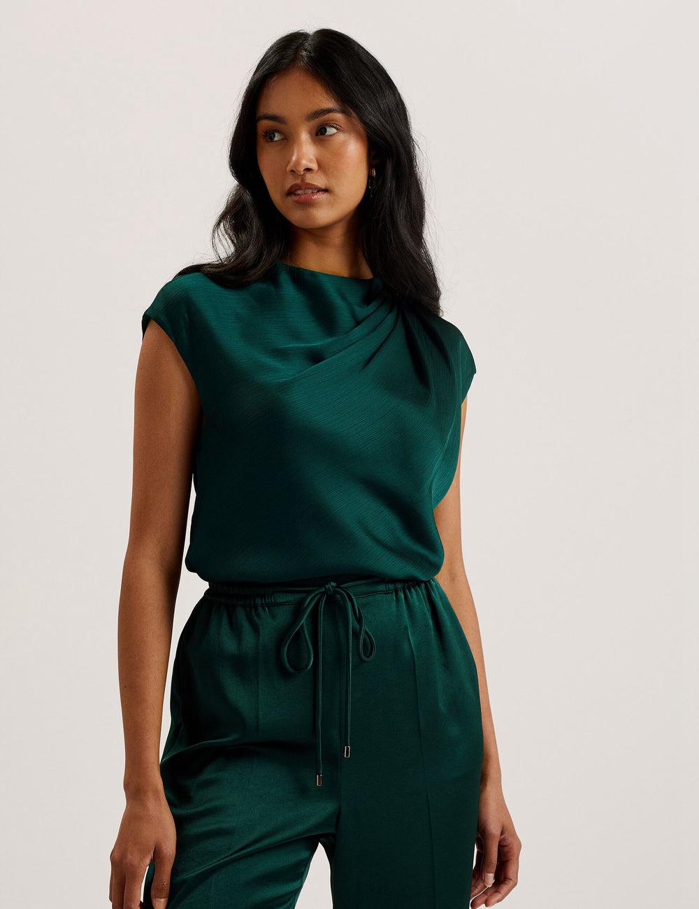 Women Ted Baker MISRINA - Drape Neck Detail Satin Top Jumpers Dk-Green | Egypt  WMRCH-2495