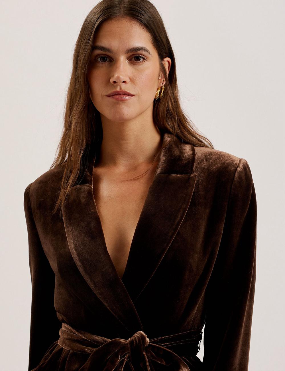 Women Ted Baker MOMIJI - Velvet Waist Single Breasted Blazers Brown | Egypt  CDBVW-4726