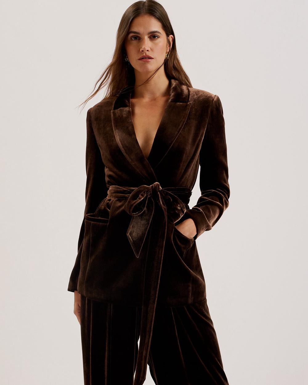 Women Ted Baker MOMIJI - Velvet Waist Single Breasted Blazers Brown | Egypt  CDBVW-4726