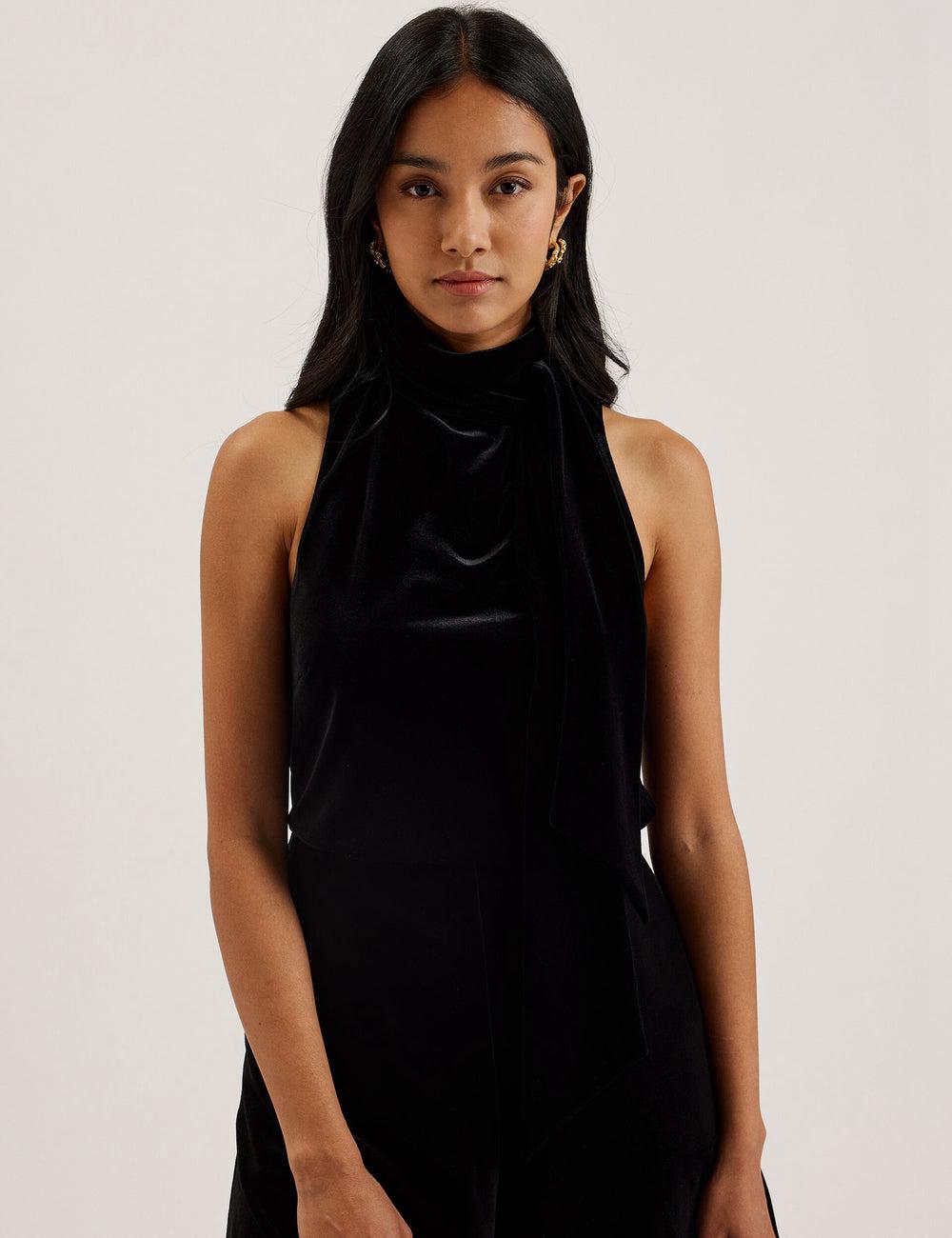 Women Ted Baker NALIAS - Velvet High Cowl Neck Sleeveless Tank Tops Black | Egypt  KCPLQ-0126