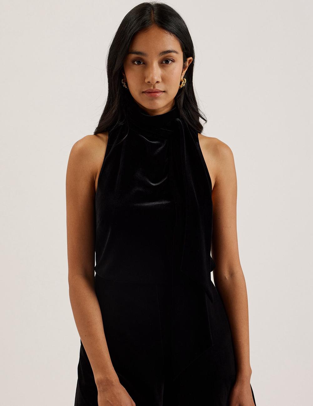 Women Ted Baker NALIAS - Velvet High Cowl Neck Sleeveless Tank Tops Black | Egypt  KCPLQ-0126