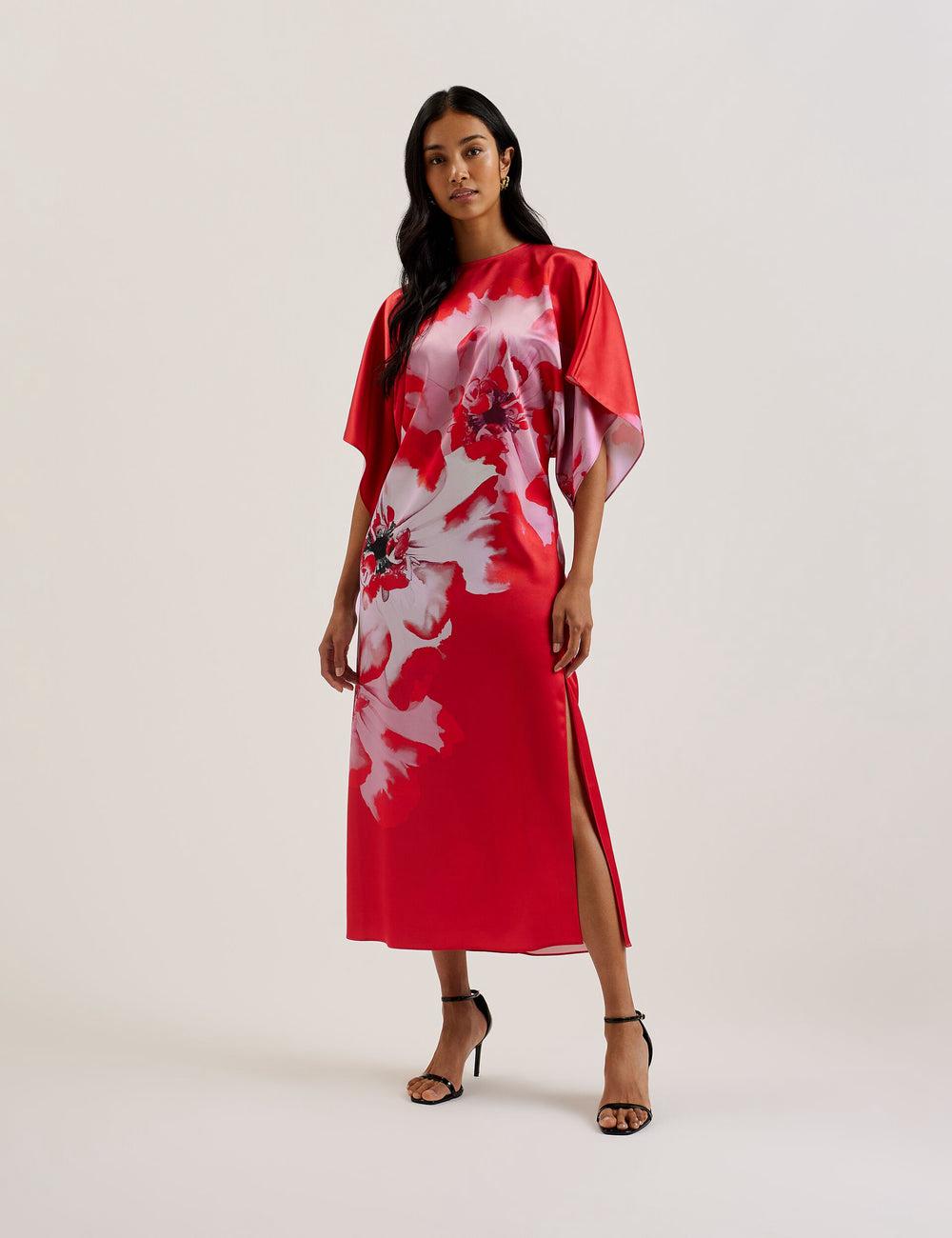 Women Ted Baker NASINU - Printed Satin Batwing Sleeve Midi Dresses Red | Egypt  BPTHS-9581