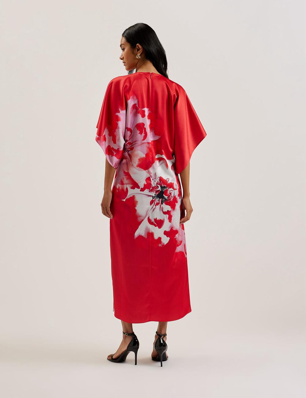 Women Ted Baker NASINU - Printed Satin Batwing Sleeve Midi Dresses Red | Egypt  BPTHS-9581