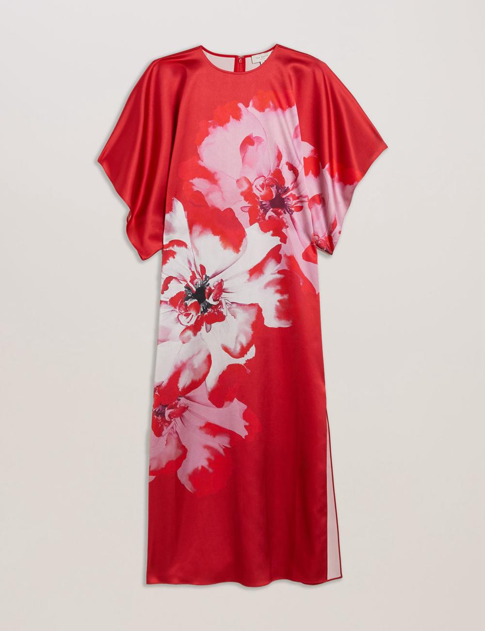 Women Ted Baker NASINU - Printed Satin Batwing Sleeve Midi Dresses Red | Egypt  BPTHS-9581