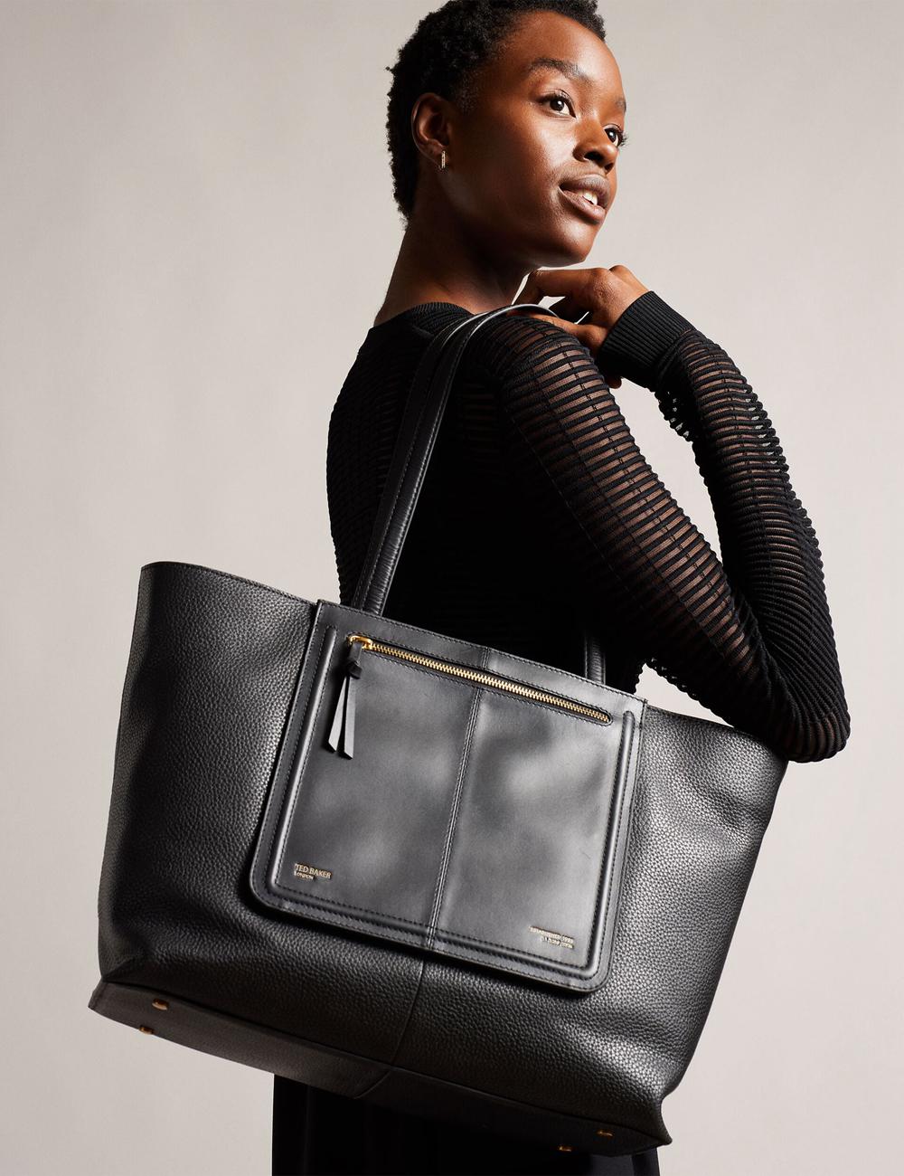 Women Ted Baker NISH - Wide Leather Shopper With Zip Pocket Shopper Bags Black | Egypt  FCHJW-7342