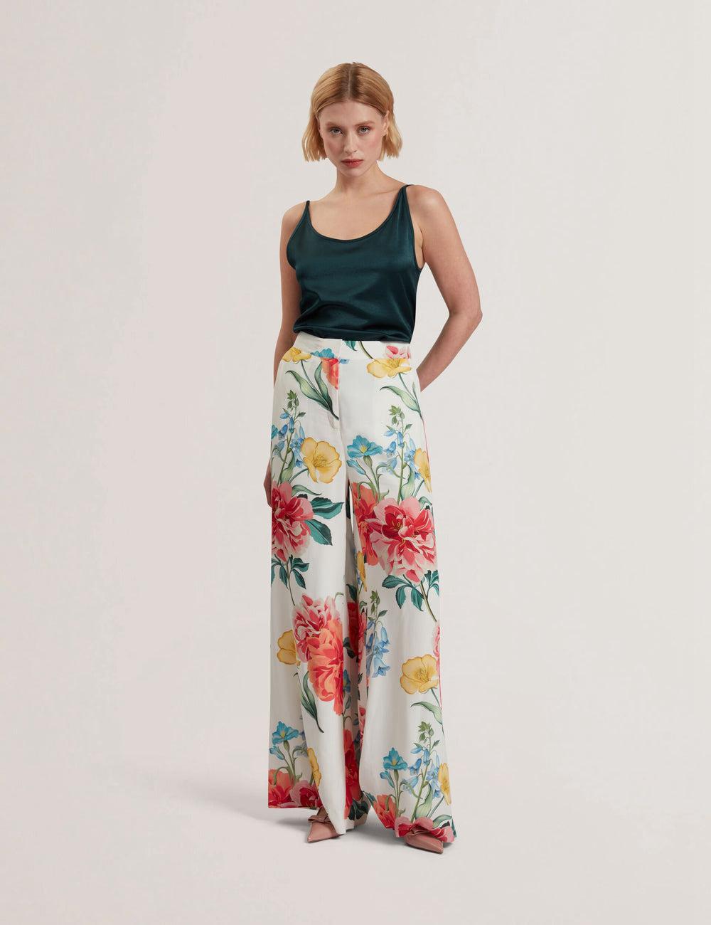 Women Ted Baker NYMPHAT - Floral Print High Waisted Wide Leg Trousers White | Egypt  VAQIU-8347