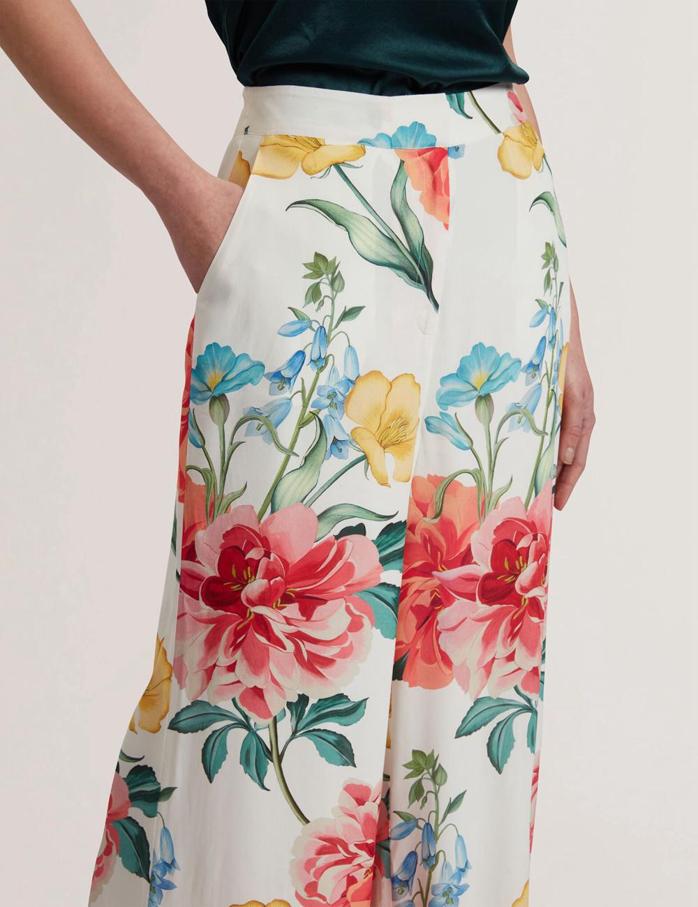 Women Ted Baker NYMPHAT - Floral Print High Waisted Wide Leg Trousers White | Egypt  VAQIU-8347