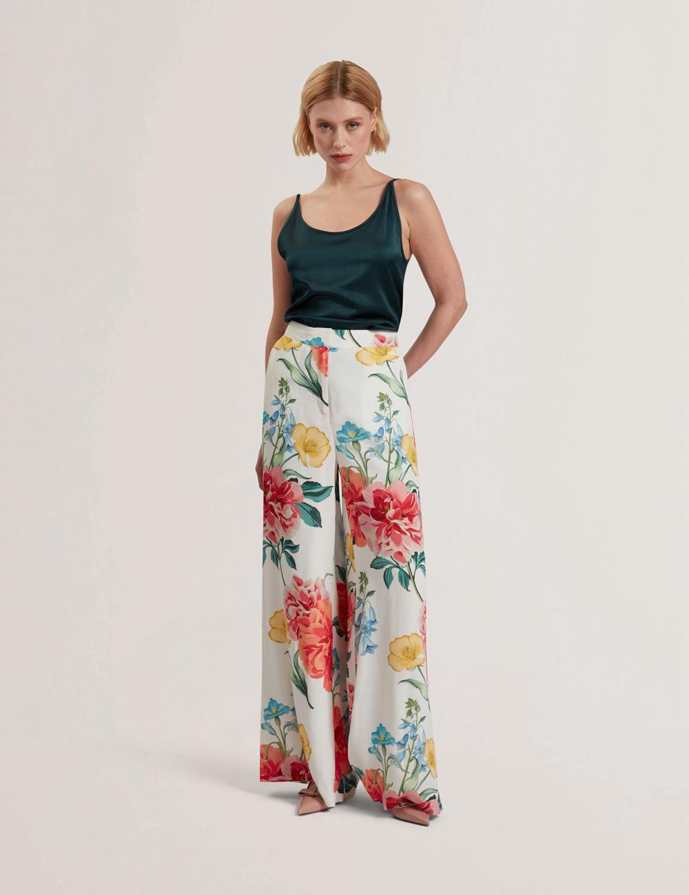 Women Ted Baker NYMPHAT - Floral Print High Waisted Wide Leg Trousers White | Egypt  VAQIU-8347