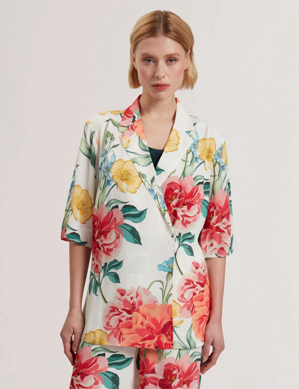 Women Ted Baker NYMPHA - Floral Short Sleeve Oversized Blazers White | Egypt  RYILM-2081
