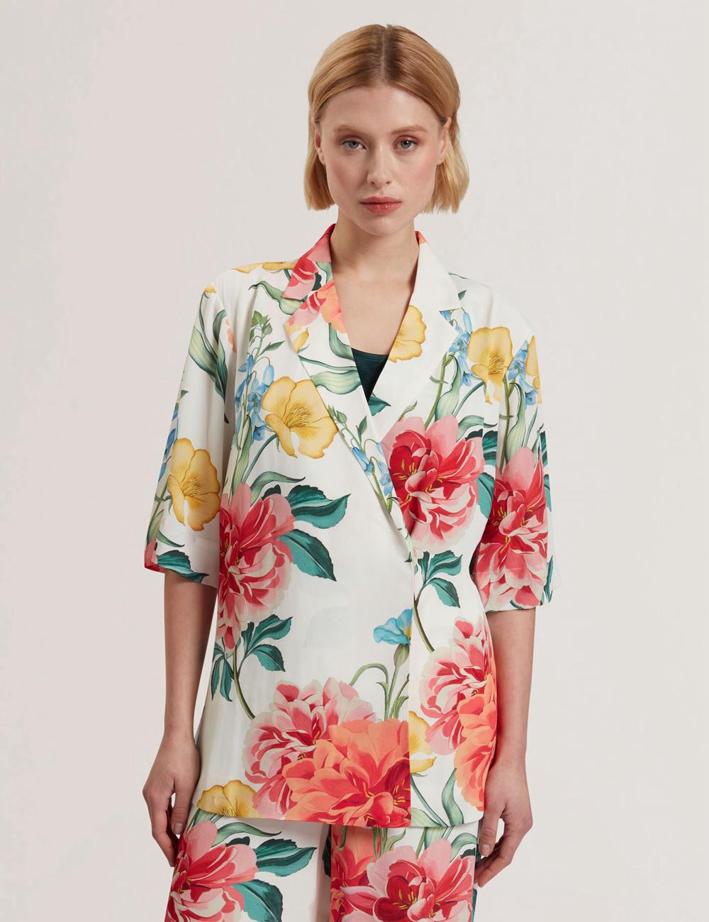 Women Ted Baker NYMPHA - Floral Short Sleeve Oversized Blazers White | Egypt  RYILM-2081