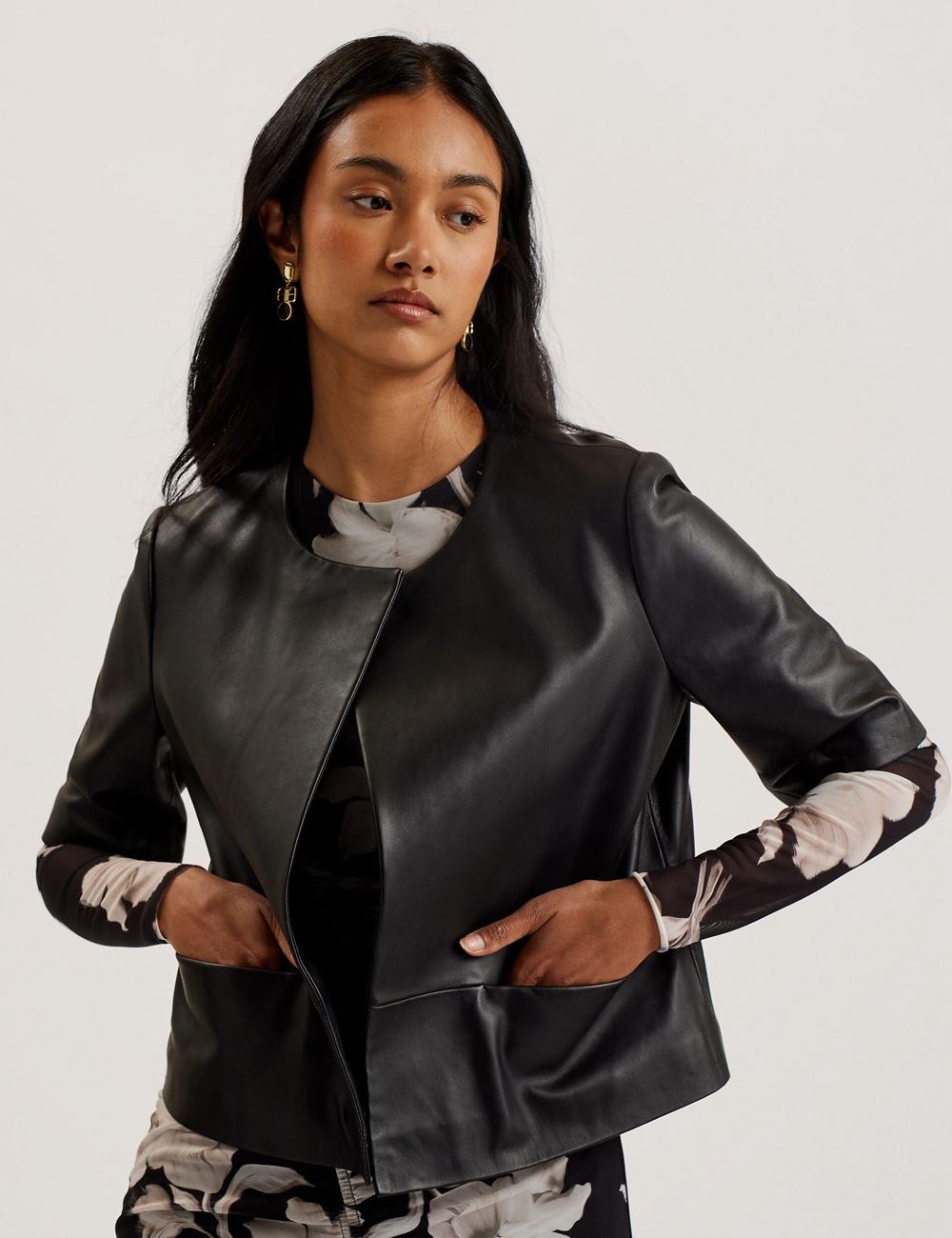 Women Ted Baker OBINO - Cropped Sleeve Open Leather Jackets Black | Egypt  ZTOEX-2103