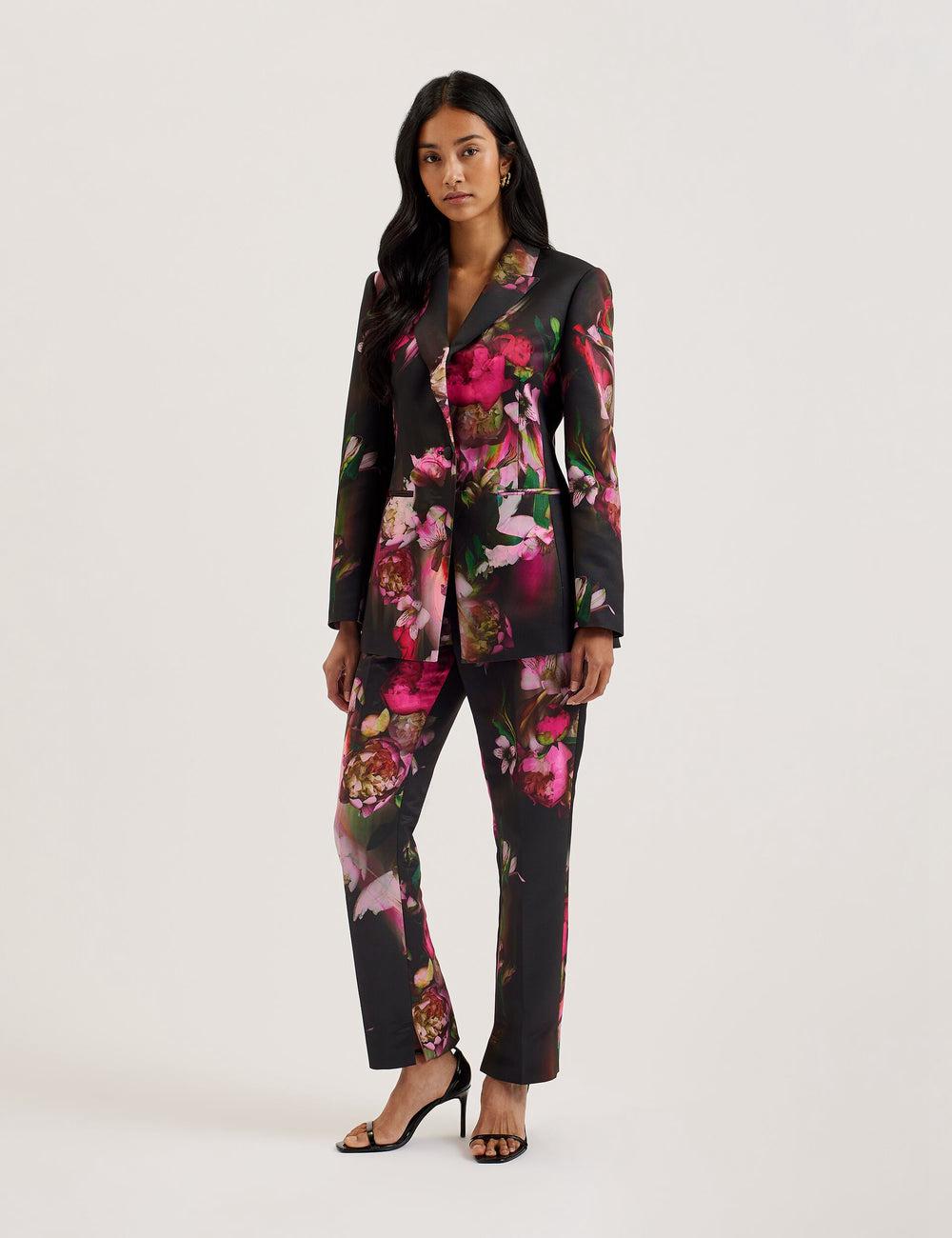 Women Ted Baker OKUNIT - Tapered Leg Floral Print Tailored Trousers Black | Egypt  QXNVS-4025