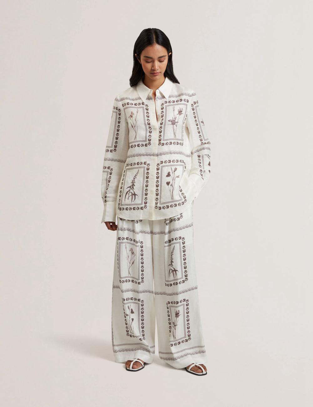 Women Ted Baker ORNITHA - Panel Print Silk Linen Wide Leg Trousers Ivory | Egypt  FDWPB-3610