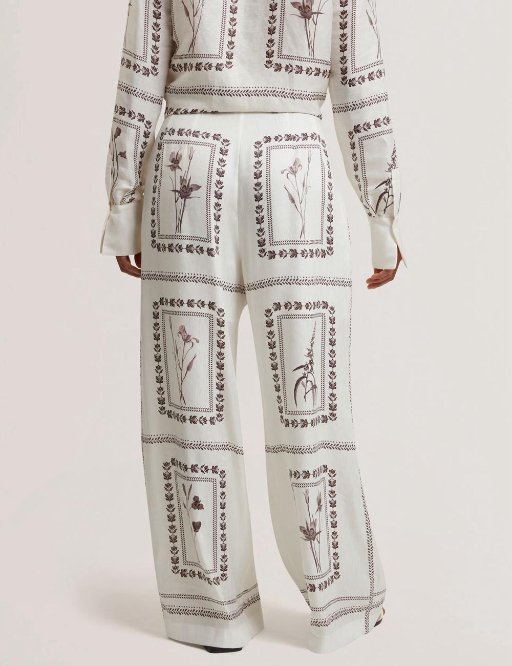 Women Ted Baker ORNITHA - Panel Print Silk Linen Wide Leg Trousers Ivory | Egypt  FDWPB-3610