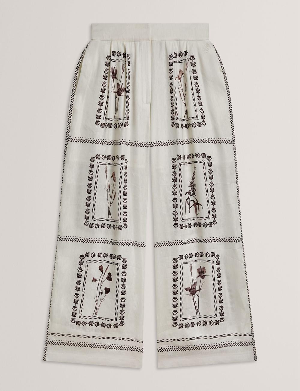 Women Ted Baker ORNITHA - Panel Print Silk Linen Wide Leg Trousers Ivory | Egypt  FDWPB-3610