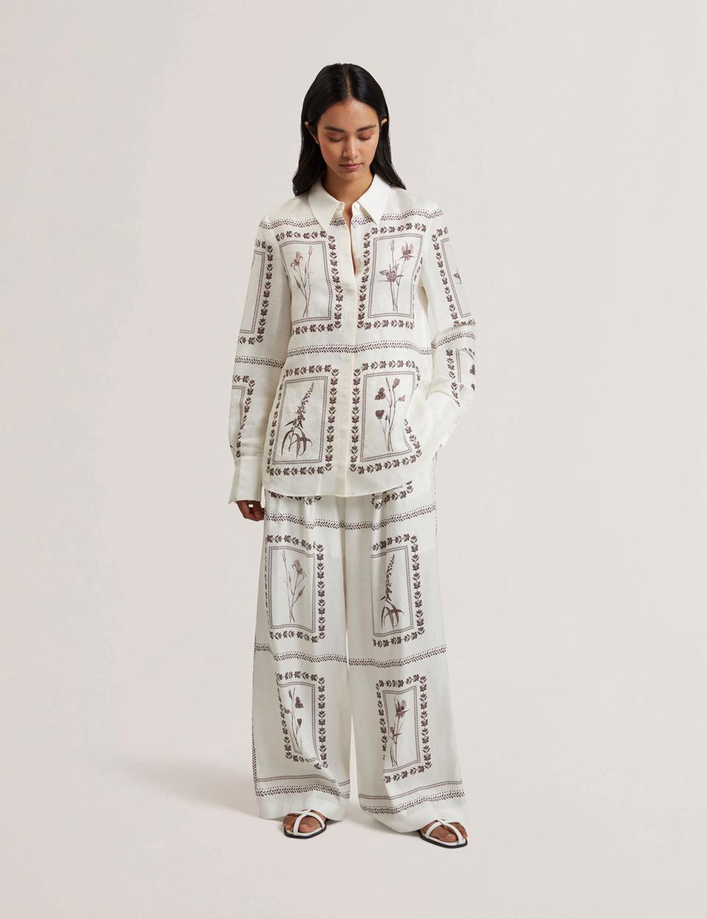 Women Ted Baker ORNITHA - Panel Print Silk Linen Wide Leg Trousers Ivory | Egypt  FDWPB-3610
