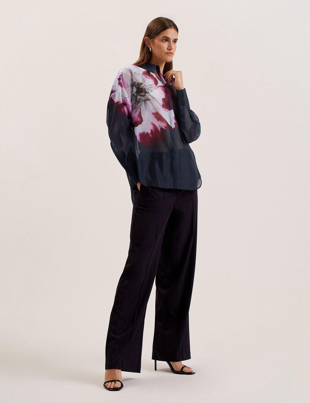 Women Ted Baker ORRIN - Floral Sheer Organza Oversized Casual Shirts Navy | Egypt  SPYLK-2759