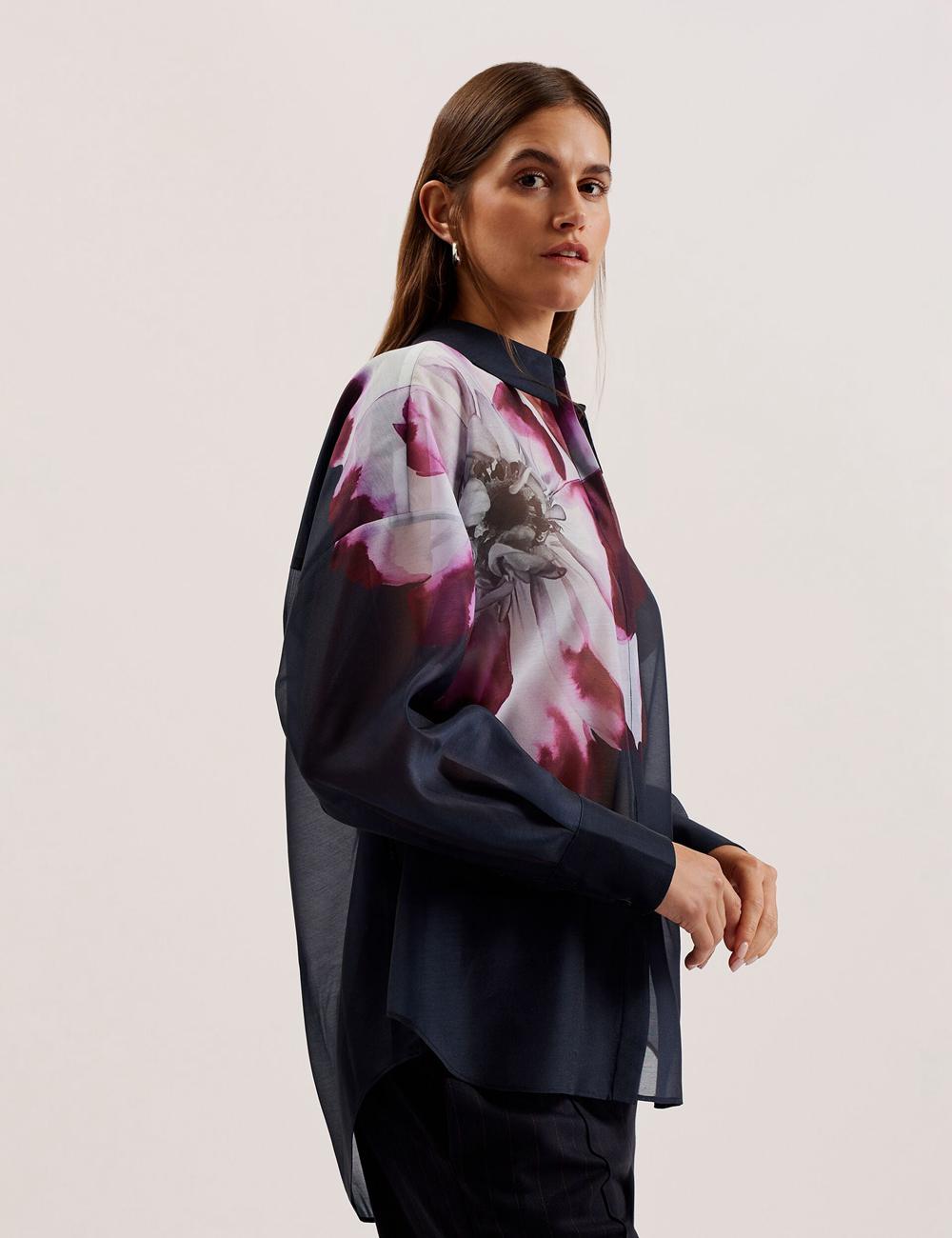 Women Ted Baker ORRIN - Floral Sheer Organza Oversized Casual Shirts Navy | Egypt  SPYLK-2759