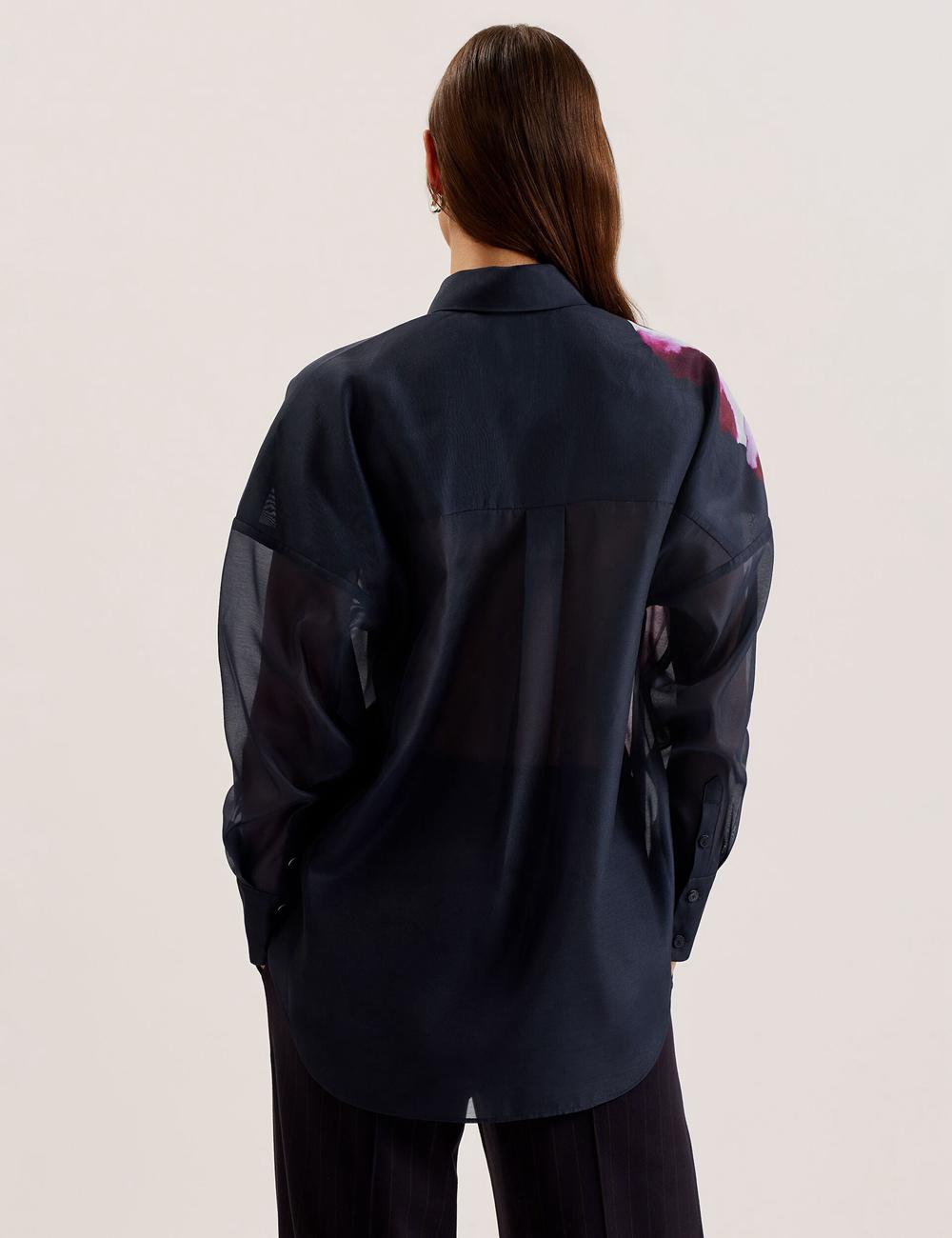 Women Ted Baker ORRIN - Floral Sheer Organza Oversized Casual Shirts Navy | Egypt  SPYLK-2759