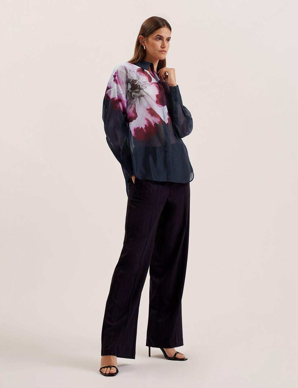 Women Ted Baker ORRIN - Floral Sheer Organza Oversized Casual Shirts Navy | Egypt  SPYLK-2759