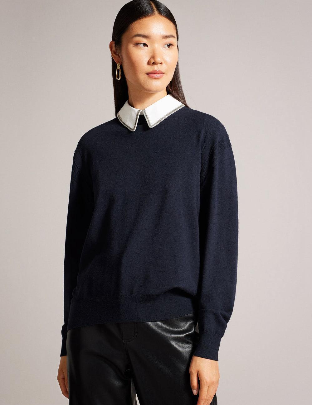 Women Ted Baker PENNII - Mockable With Embellished Shirt Collar Jumpers Navy | Egypt  TZXKB-2103