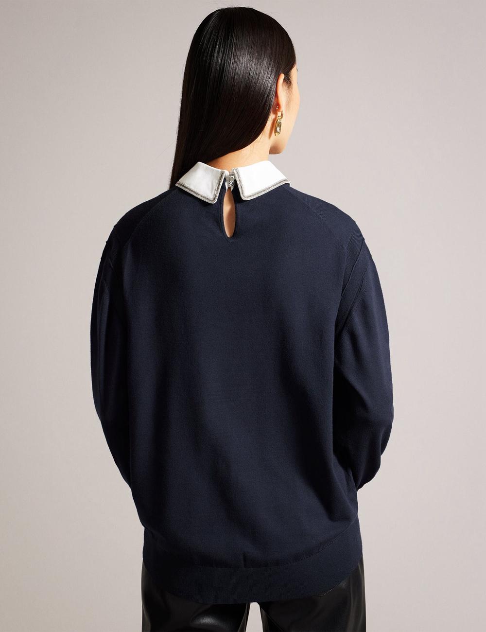 Women Ted Baker PENNII - Mockable With Embellished Shirt Collar Jumpers Navy | Egypt  TZXKB-2103