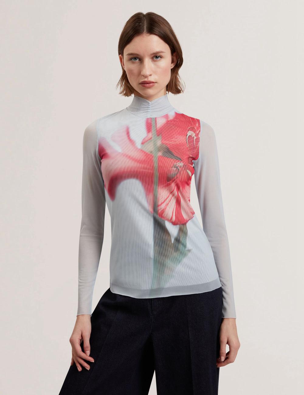 Women Ted Baker PIPYA - Floral High Neck Long Sleeve Mesh Tops Blue | Egypt  IOKUA-9081